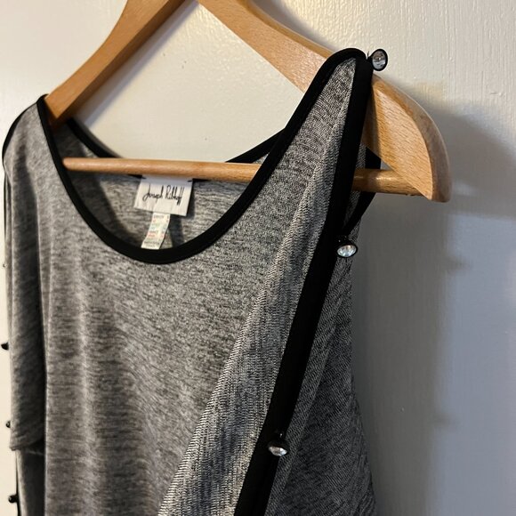 Joseph Ribkoff Silver Metallic Melange Black Tunic Cold Shoulder Sparkle Buttons - Picture 6 of 11